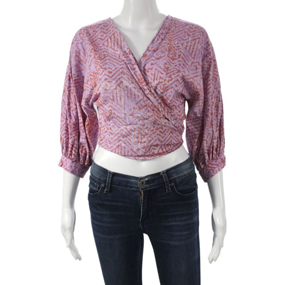 Sika Womens Cropped Purple Cotton V-Neck African 3/4 Sleeve Blouse Size 4